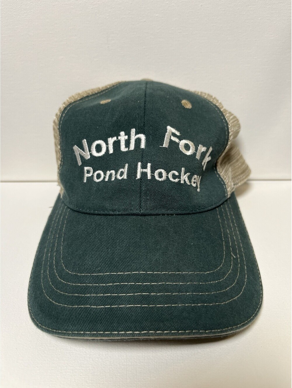 Vintage North Fork Pond Hat Hockey Trucker Hat Green Beige Cobra Tag Youth Lg